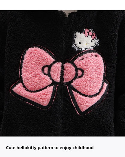 Sanrio Hello Kitty Girls' Thickened Fleece Jacket with Butterfly Design, Autumn and Winter Warm Loose Style - Versatile and Vers