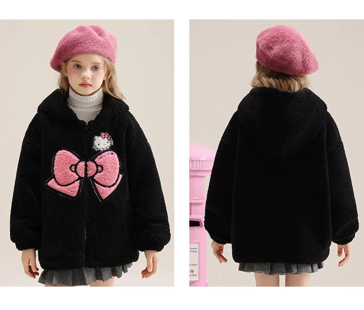 Sanrio Hello Kitty Girls' Thickened Fleece Jacket with Butterfly Design, Autumn and Winter Warm Loose Style - Versatile and Vers