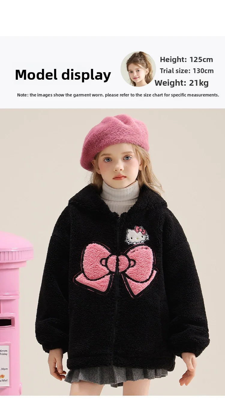 Sanrio Hello Kitty Girls' Thickened Fleece Jacket with Butterfly Design, Autumn and Winter Warm Loose Style - Versatile and Vers