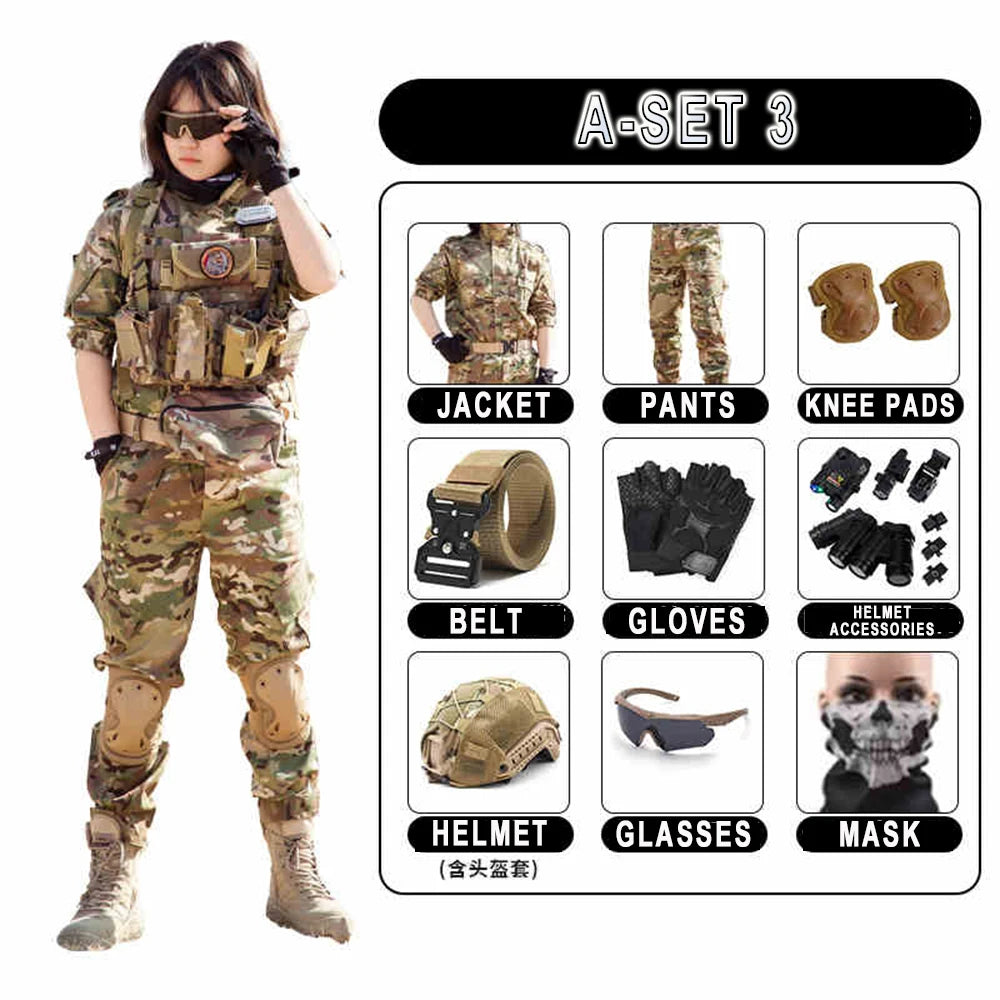 Children's Tactical Military Camouflage Suits Boys' Girls' Special Forces Short-Sleeved Clothing Outdoor Summer Camp Equipment