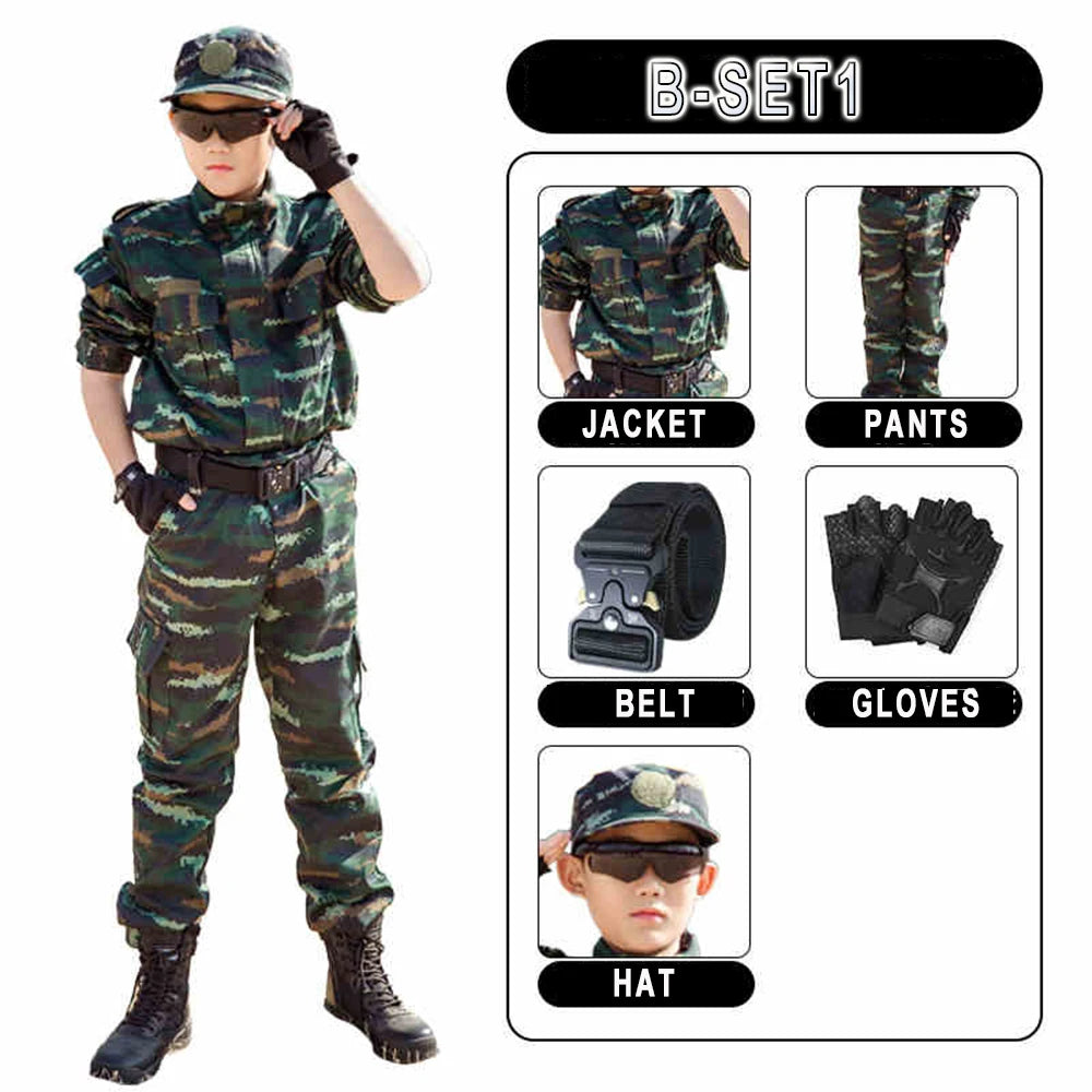 Children's Tactical Military Camouflage Suits Boys' Girls' Special Forces Short-Sleeved Clothing Outdoor Summer Camp Equipment