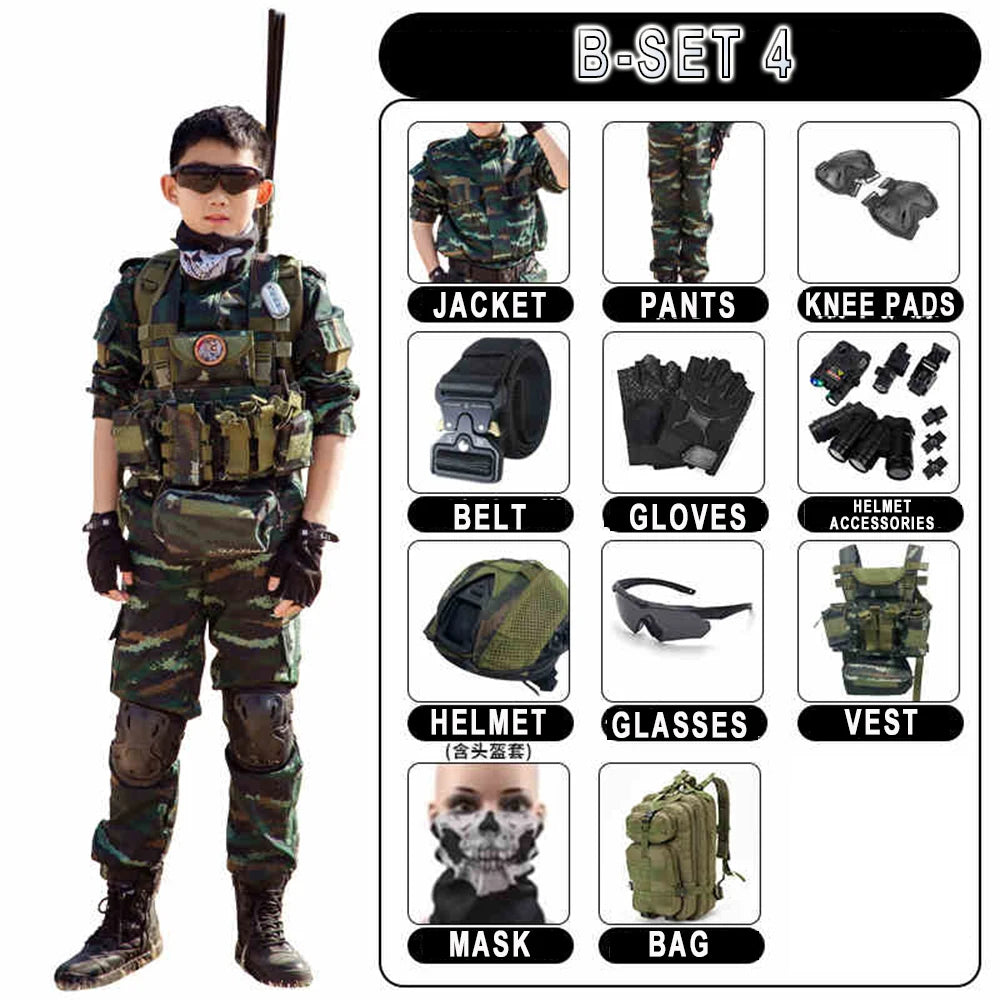 Children's Tactical Military Camouflage Suits Boys' Girls' Special Forces Short-Sleeved Clothing Outdoor Summer Camp Equipment