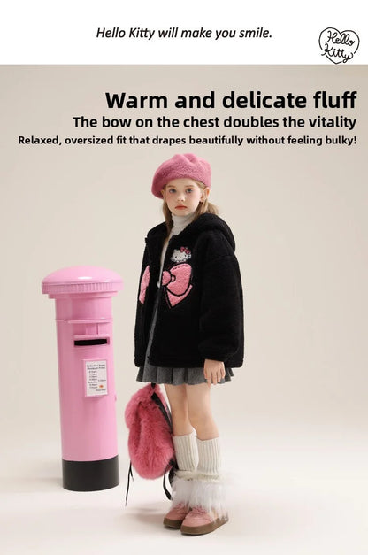 Sanrio Hello Kitty Girls' Thickened Fleece Jacket with Butterfly Design, Autumn and Winter Warm Loose Style - Versatile and Vers