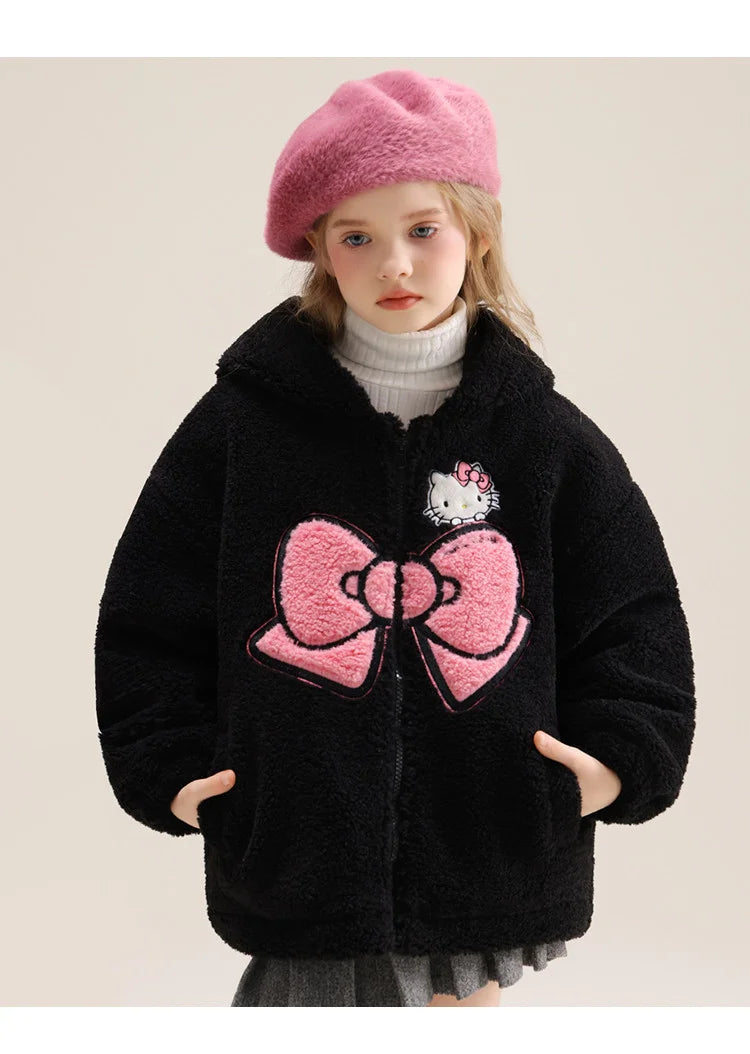 Sanrio Hello Kitty Girls' Thickened Fleece Jacket with Butterfly Design, Autumn and Winter Warm Loose Style - Versatile and Vers