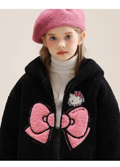 Sanrio Hello Kitty Girls' Thickened Fleece Jacket with Butterfly Design, Autumn and Winter Warm Loose Style - Versatile and Vers