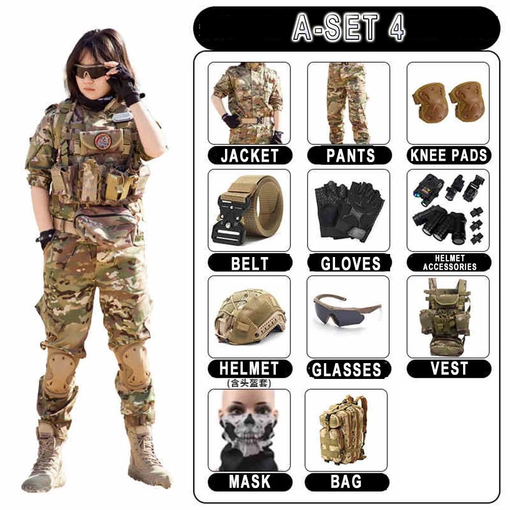 Children's Tactical Military Camouflage Suits Boys' Girls' Special Forces Short-Sleeved Clothing Outdoor Summer Camp Equipment