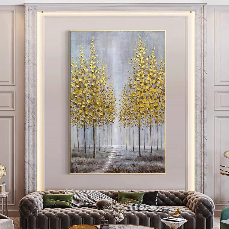 Modern Handmade Gold Tree Forest Landscape Porch Bedroom Wall Art Decor Canvas Painting for Living Room