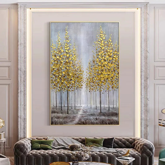 Modern Handmade Gold Tree Forest Landscape Porch Bedroom Wall Art Decor Canvas Painting for Living Room