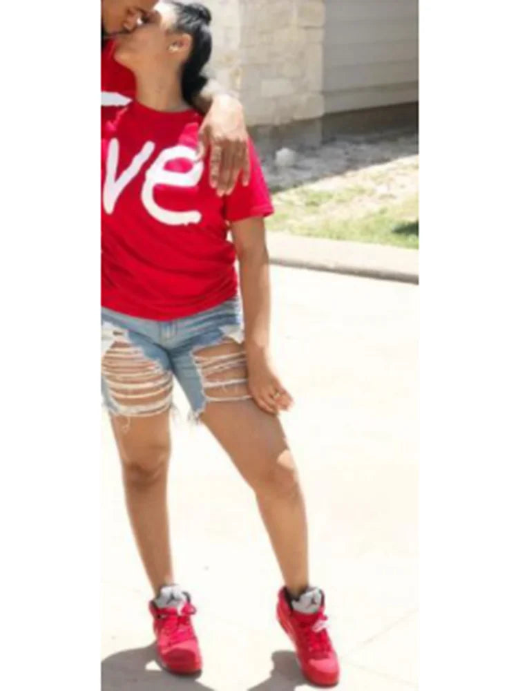 His- and- hers Couple Matching T-shirts Top Casual Red LO VE Women Men Fashion Boyfriend Girlfriend Tees Lovers tshirt Femme