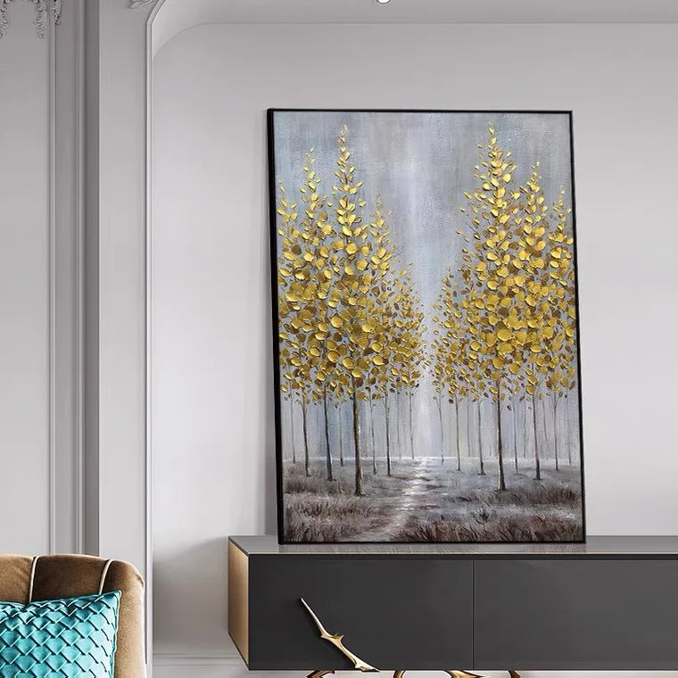 Modern Handmade Gold Tree Forest Landscape Porch Bedroom Wall Art Decor Canvas Painting for Living Room