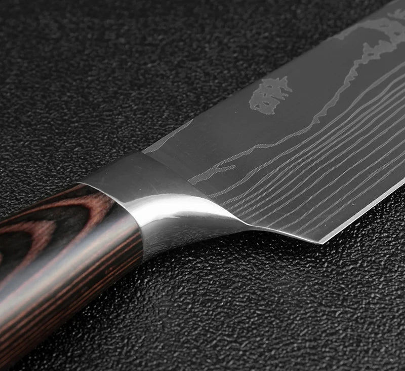 High quality 440C German Steel Kitchen Knife Damascus Laser Pattern Chef Knife Cleaver Filleting Santoku Knife Best Kitchen Tool