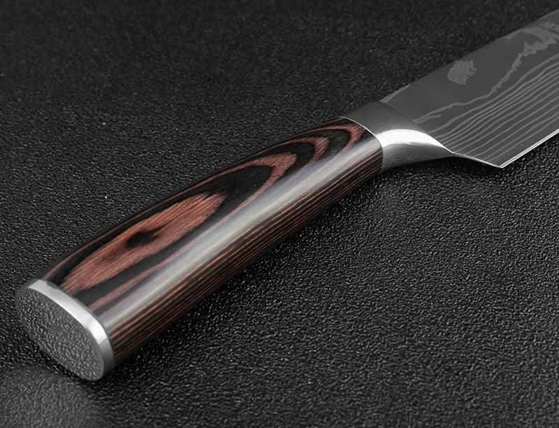 High quality 440C German Steel Kitchen Knife Damascus Laser Pattern Chef Knife Cleaver Filleting Santoku Knife Best Kitchen Tool