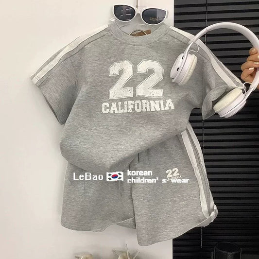 Cotton Korean Style Boys and Girls Summer Sports Suit 2025 New Arrival Kids Baby Fashionable Short Sleeve Shorts Two-piece Set