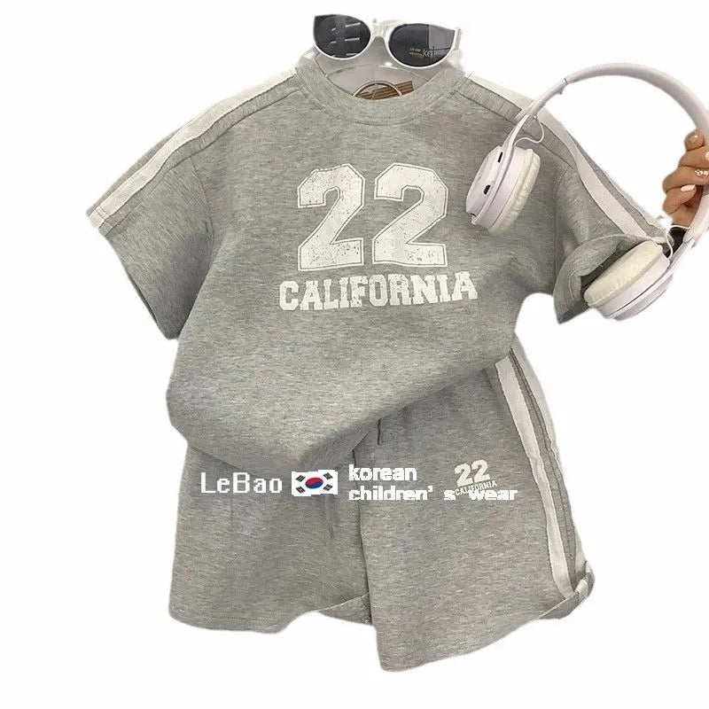 Cotton Korean Style Boys and Girls Summer Sports Suit 2025 New Arrival Kids Baby Fashionable Short Sleeve Shorts Two-piece Set
