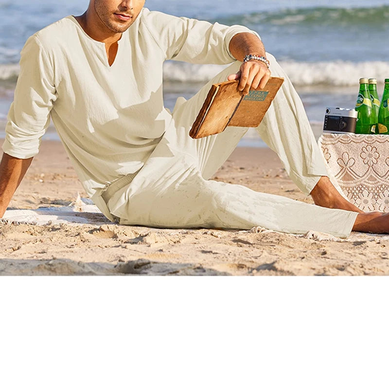 Men s Summer Cotton Linen Clothes Solid Color Long Sleeve Henley Shirt Elastic Waist Drawstring Pants 2 Pieces Loungewear Set