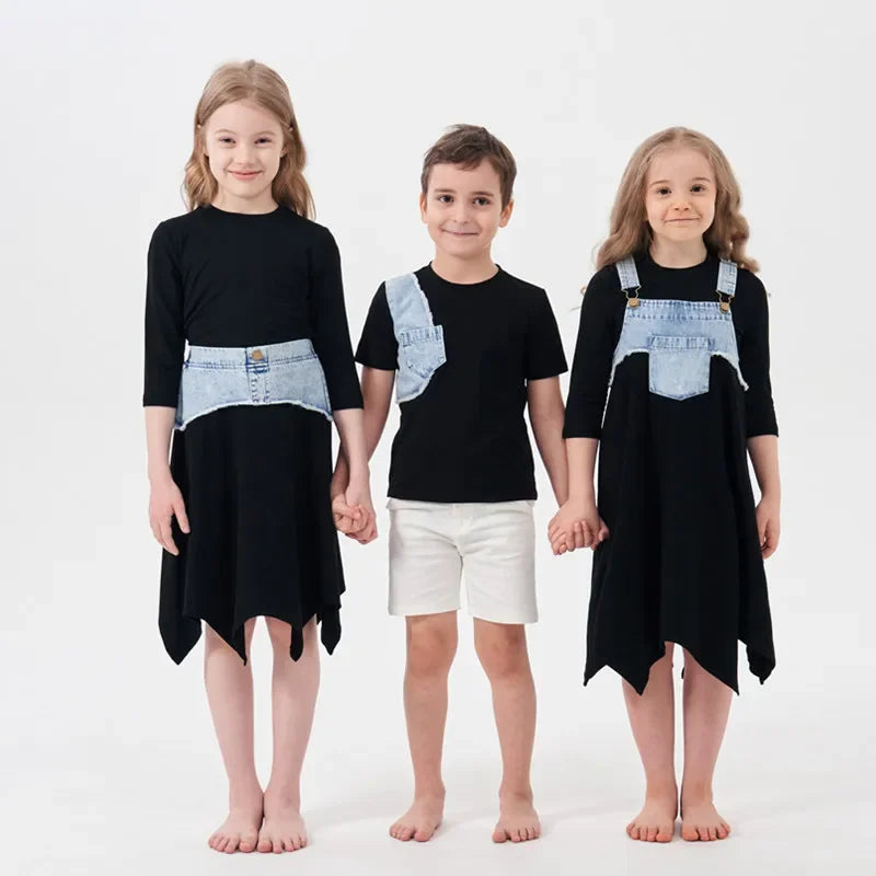 AP washed jeans patch collection children boys girls spring summer denim casual family matching clothing jumper tee skirt