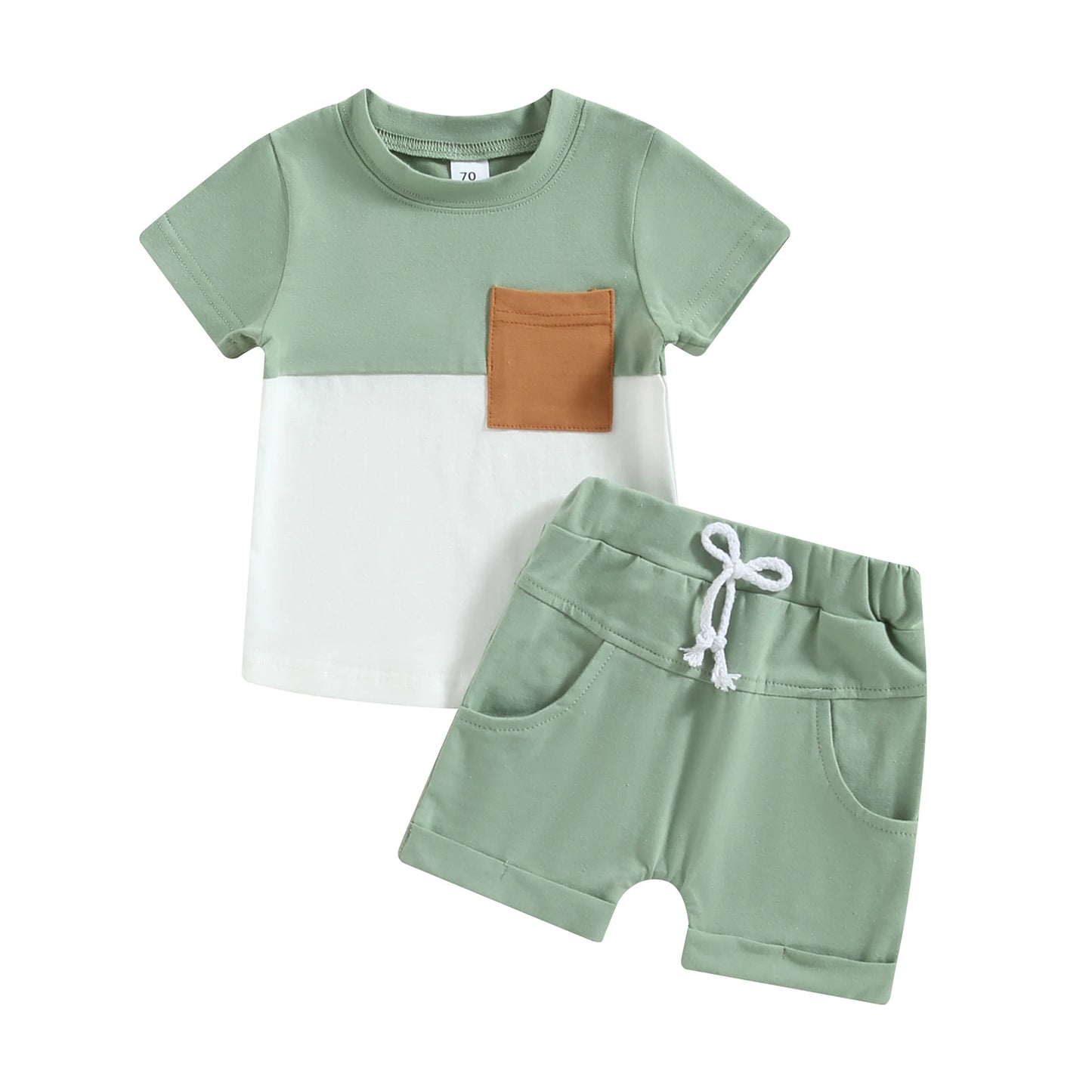2023-02-01 Lioraitiin 0-3Years Toddler Boys 2Pcs Summer Outfit Sets Short Sleeve Contrast Color Tops Solid Drawstring Shorts