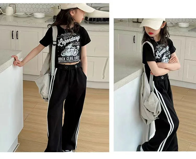 Girls' summer casual suit, new children's fashionable T-shirt, casual pants, summer dress, foreign short-sleeved two-piece set,