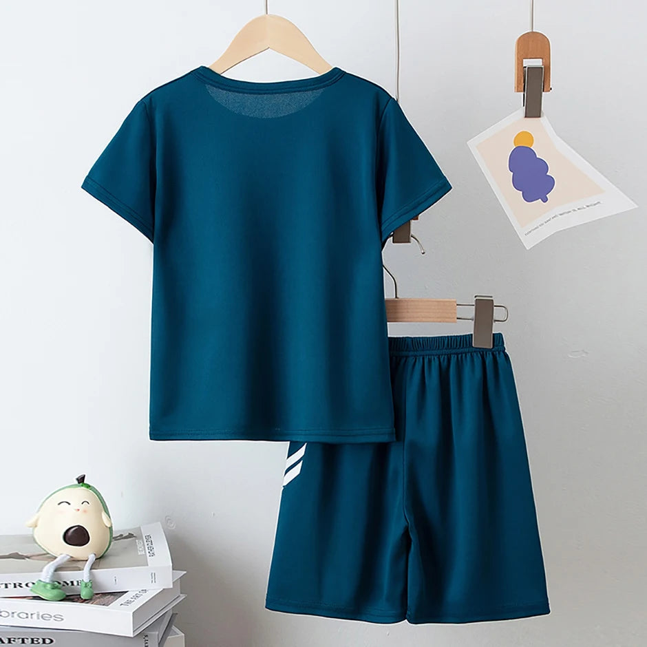 2 Pieces Children's Summer Solid Color Quick Drying Breathable Set Boys' Sports Running Is A Comfortable Top Girls' Loose Shorts
