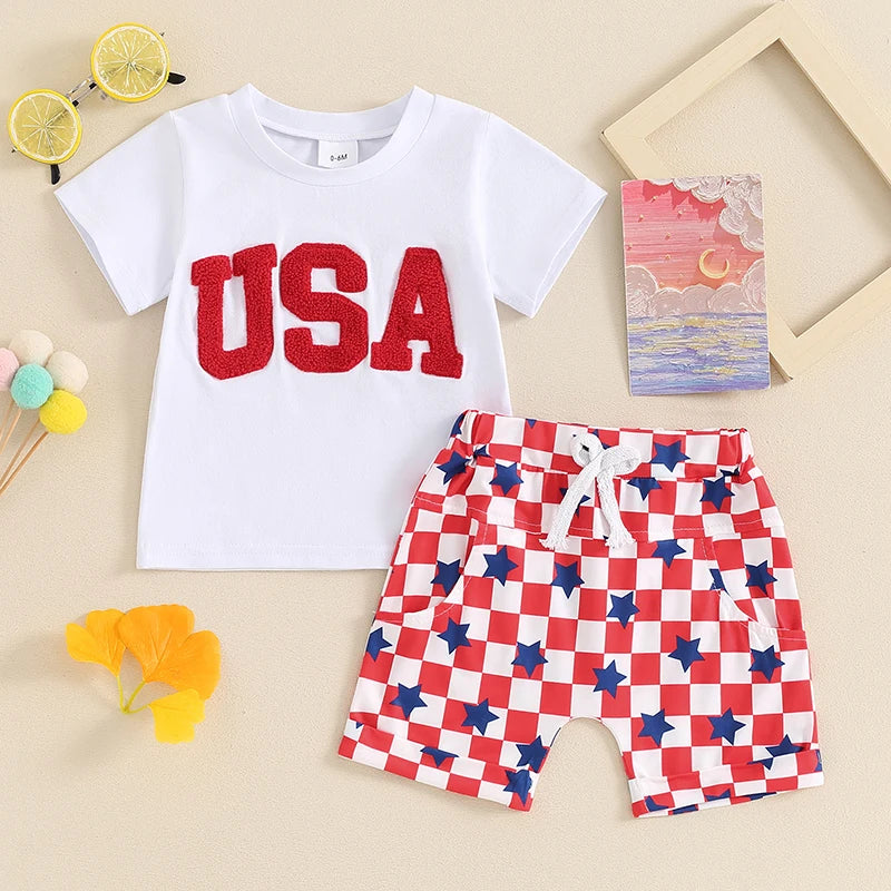 Pudcoco 4th of July Toddler Boy Outfits Fuzzy Letter Embroidery T-Shirt Stars Patrtern Checkerboard Shorts 2Pcs Clothes Set 0-3T
