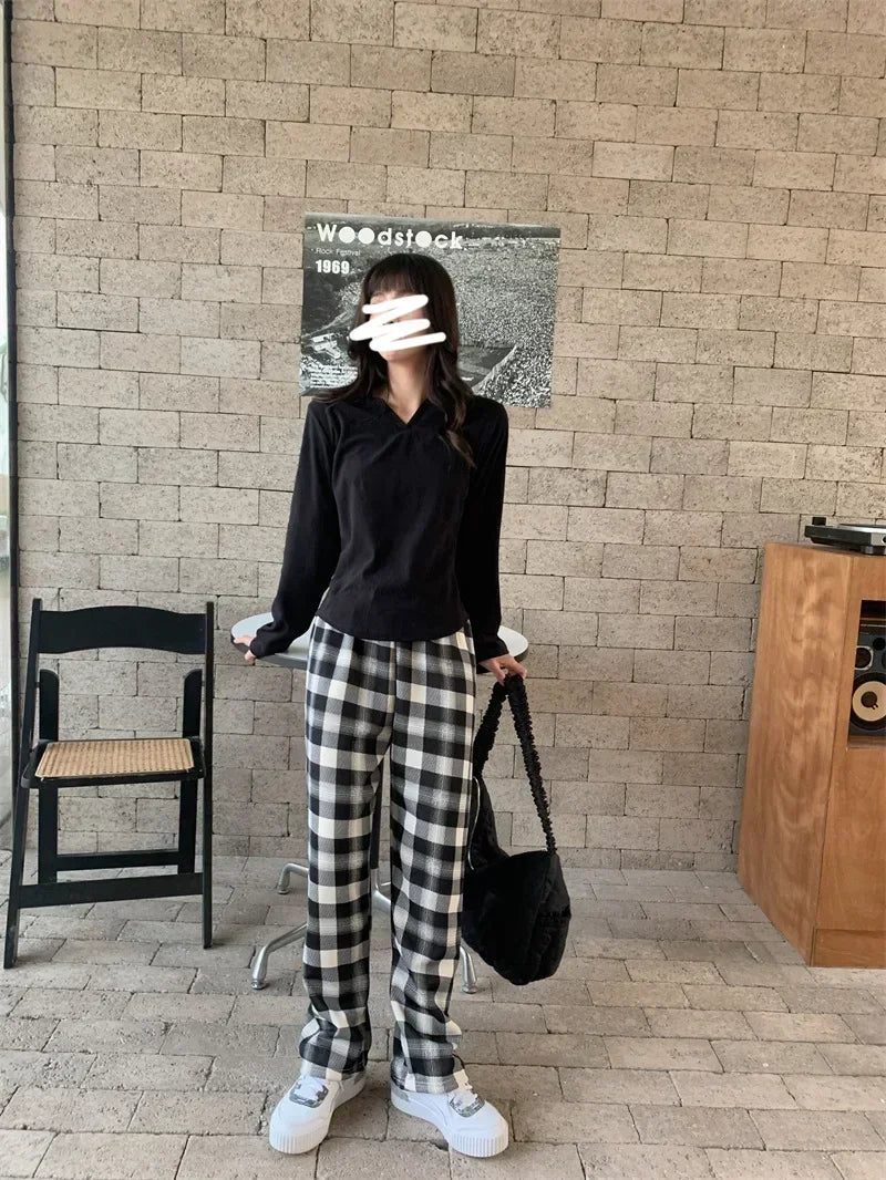 2025 Fashion Warm Plush Pants Cashmere Thick Plaid Ladies Winter Casual Loose Wide-legged Pants Korean Streetwear Students