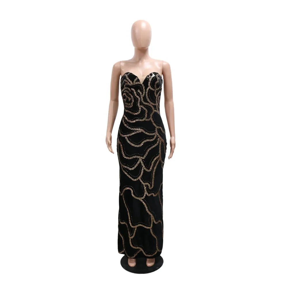 2024 Fall Floral Sequined Strapless Women Sleeveless Long Dress Sexy Birthday Party Evening Prom Maxi Dresses Vestidos
