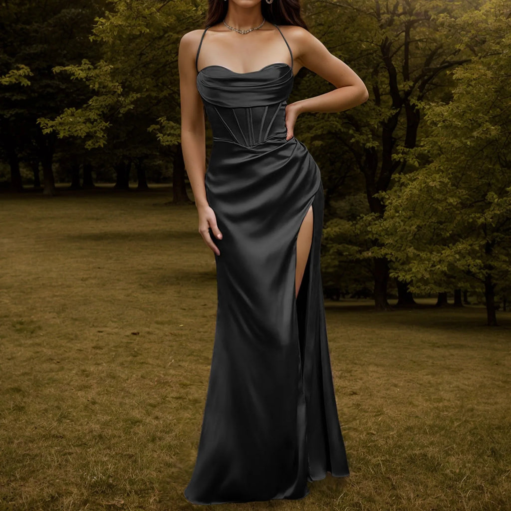 Green Women's Dress Lace Up Backless High Slit Corset Maxi Dress Elegant Vestidos Slim Fishbone Formal Dresses For Wedding Guest