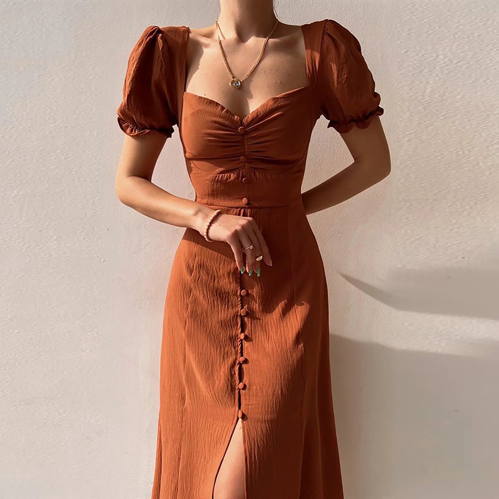 Slim Long Dresses Women Bodycon Button Up Square Neck Pleated Wrap Split Maxi Dress Summer Elegant Short puff Sleeve Sundress