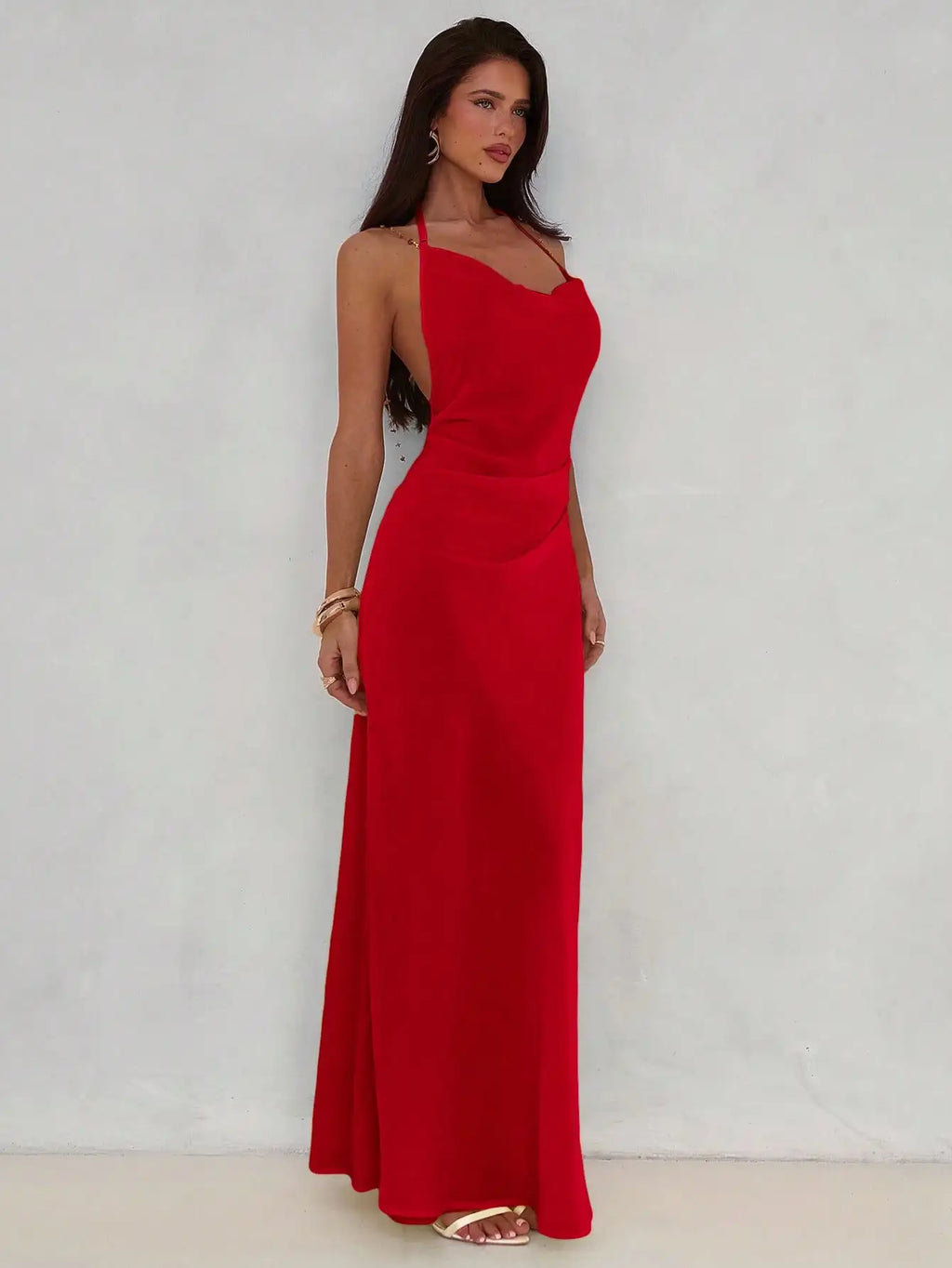 Women's Red Plunging Neck Backless Beaded Chain Maxi Dress for Evening