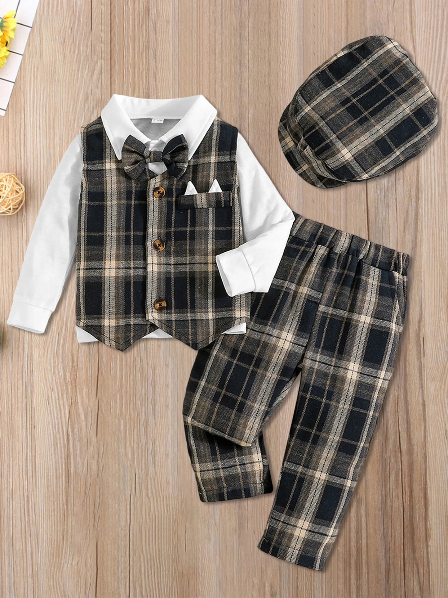 4Pcs Baby Boy Formal Wear Set with Long Sleeve Lapel Neck Shirt Plaid Button Down Vest Pants and Hat - Gentleman Outfit with