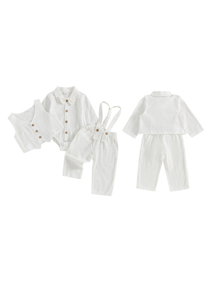 Toddler Boys Winter 4Pcs Outfit Set Long Sleeve Lapel Button Shirt Vest Suspender Pants Bowtie Sets Warm Clothes