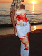 Floral Print Strapless Bodycon Maxi Dress for Beach Vacation