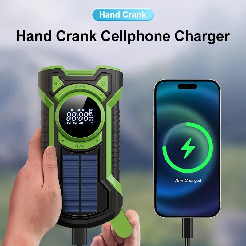 Solar Emergency Weather Radio 5000mAh Hand Crank AM/FM/NOAA Portable Emergency Radio Bluetooth5.3 SOS Alarm for Outdoor Survival