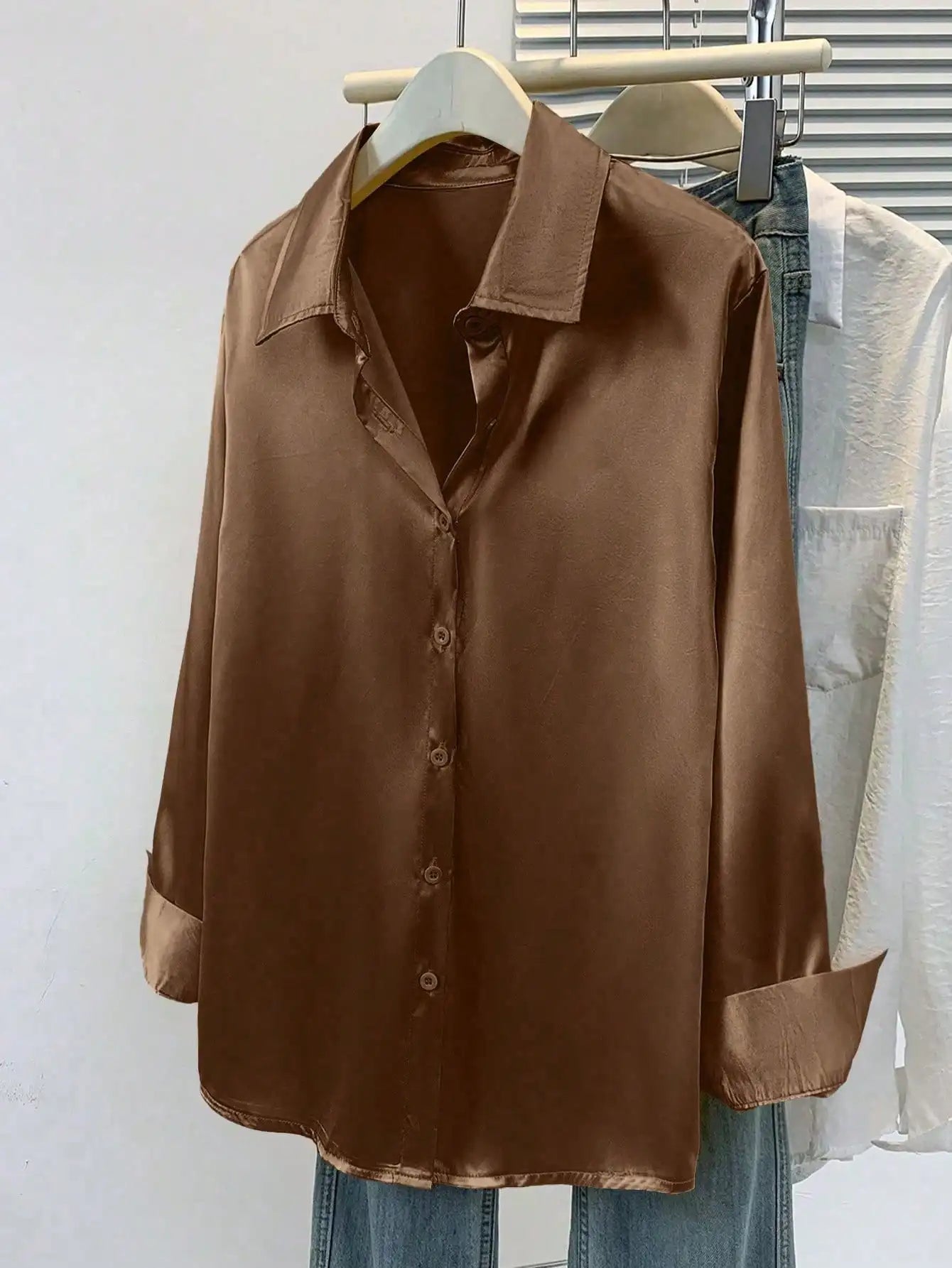 Women's Satin Button-Up Blouse, Elegant Collared Shirt for Office or Casual Wear, Autumn Winter Spring