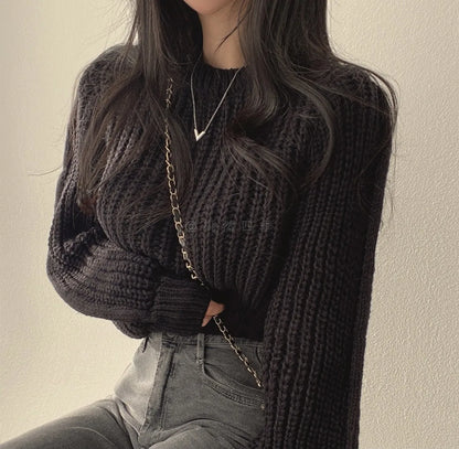 Knitted Sweater Women Pullovers New Long Sleeve O-Neck Black Knit Sweater Pullover Women Tops Sweaters Sueters De Mujer Q718