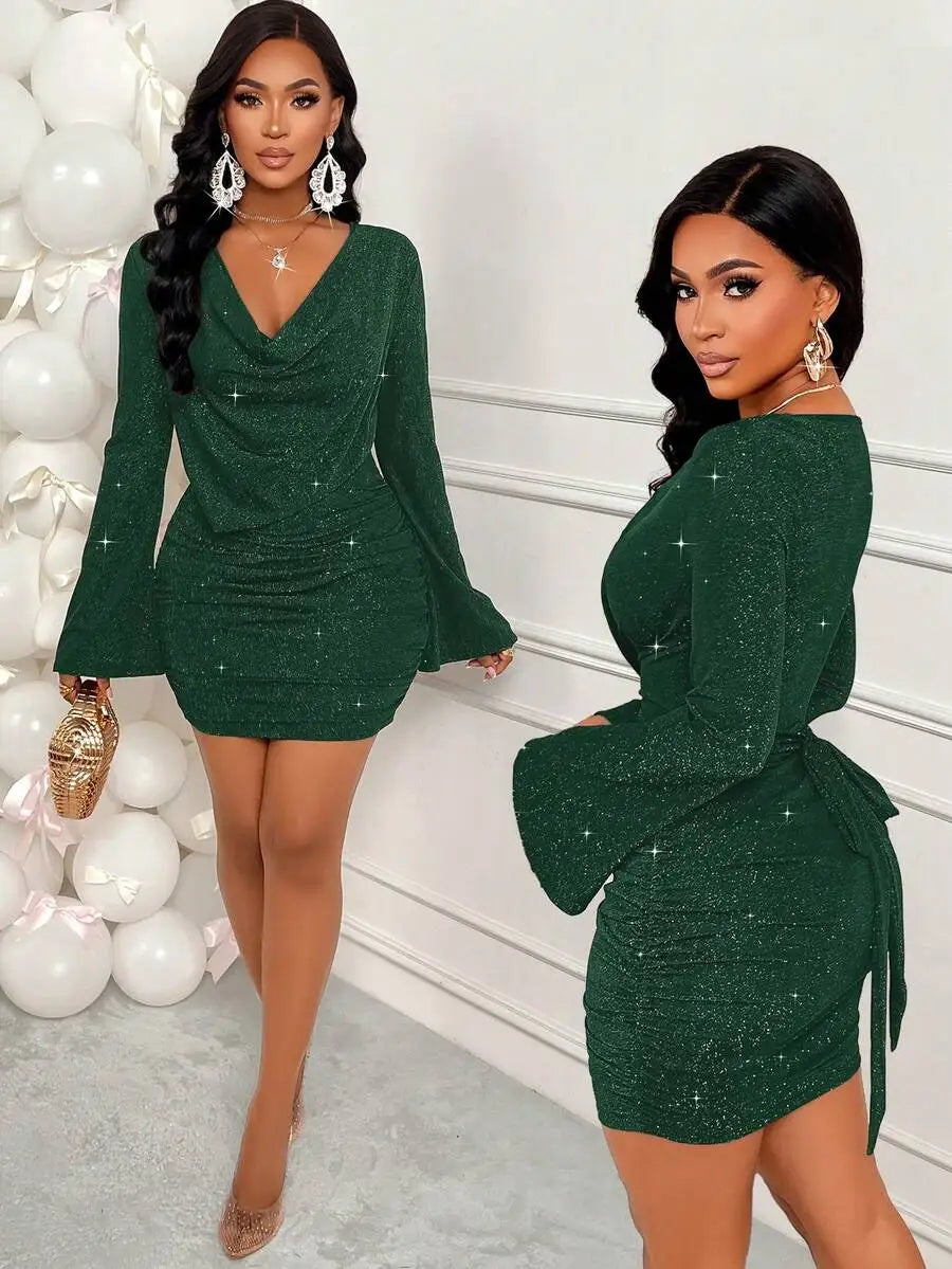Sparkly Brown V-Neck Ruched Mini Dress with Flare Sleeves and Tie Waist