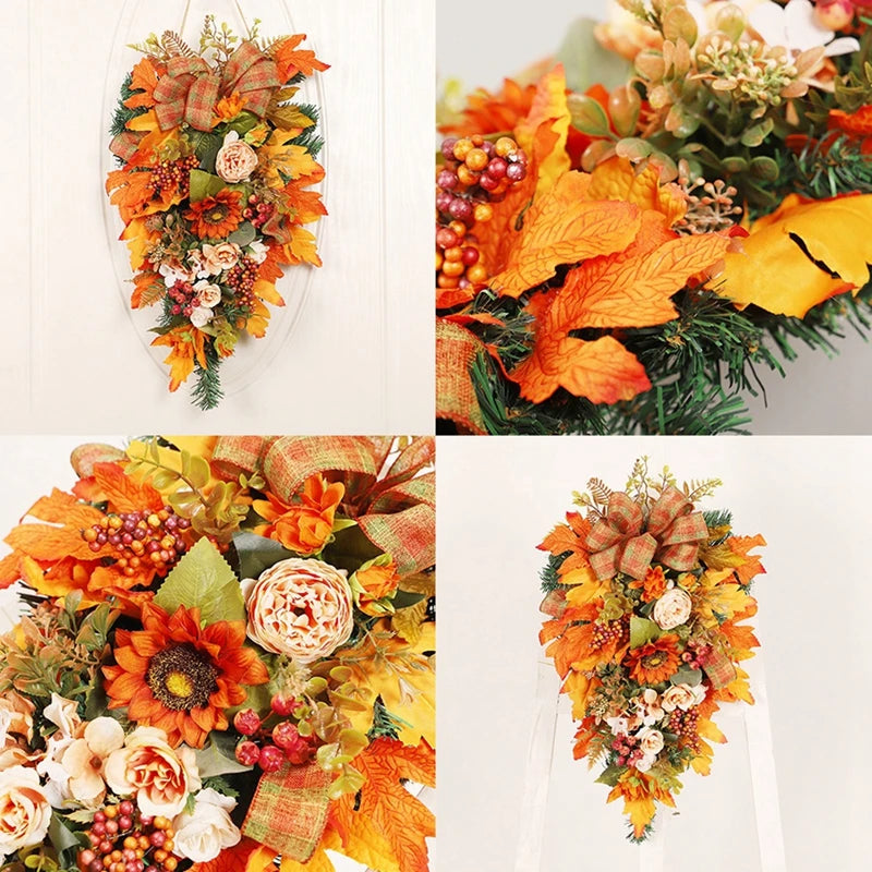 Thanksgiving Door Decorations Fall Wreath Artificial Garland With Peony Berries Maple Sunflower Leaves Harvest Party Pendant