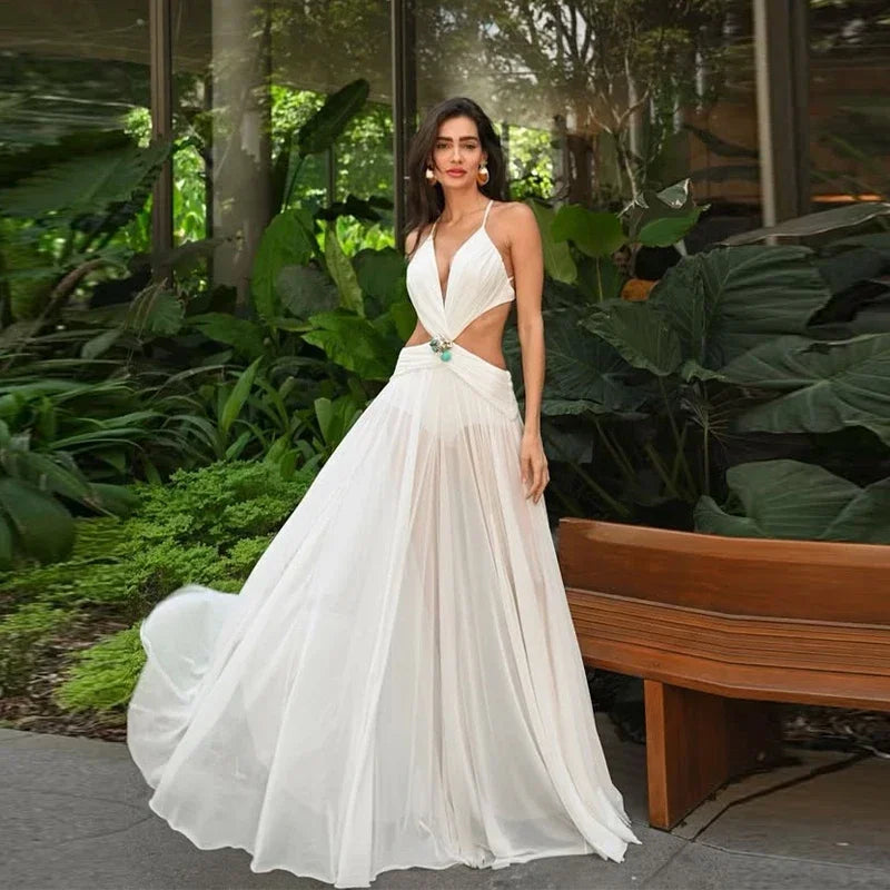 Sexy Hollow Out Bikini Long Dress Mesh Backless Lace Up Sleeveless Female Dresses 2025 Summer Lady A-line Pleat Robe Beach