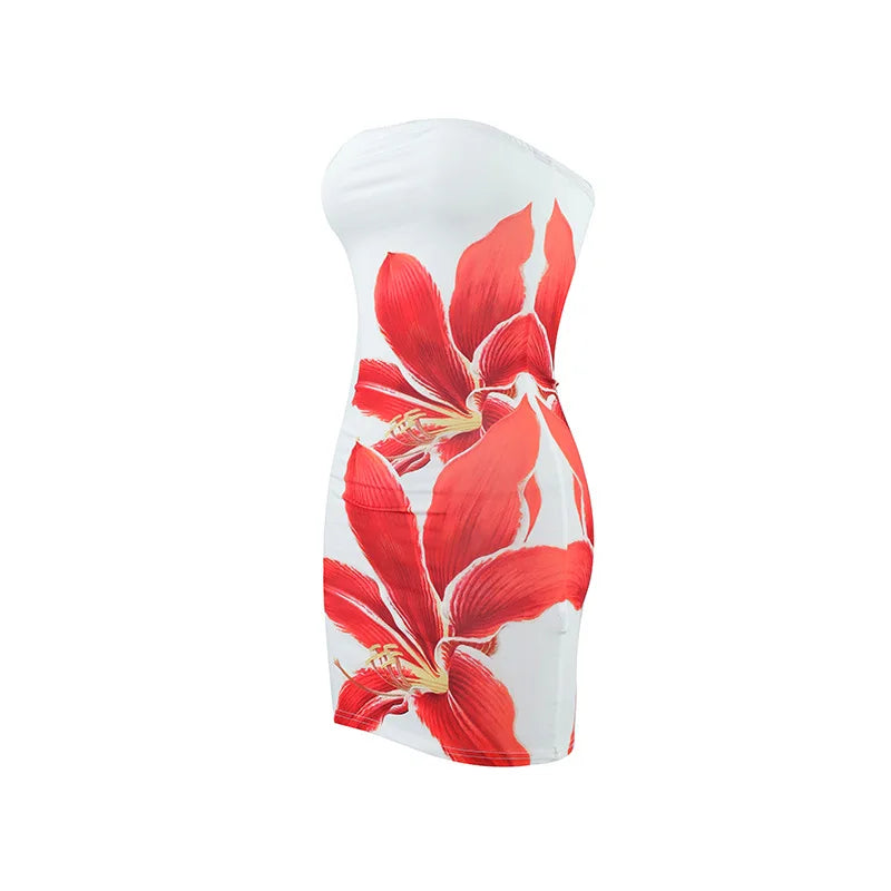Sexy strapless floral print backless slim fit dress for women in summer 2025 comfortable and elegant beach vacation short skirt