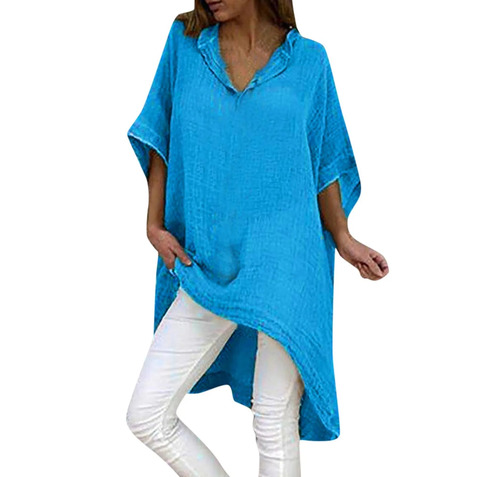 2025 New Casual Blusas Women Short Sleeve Cotton Linen Loose Blouse Vintage Oversized Shirt Elegant Irregular Long Tunic Tops