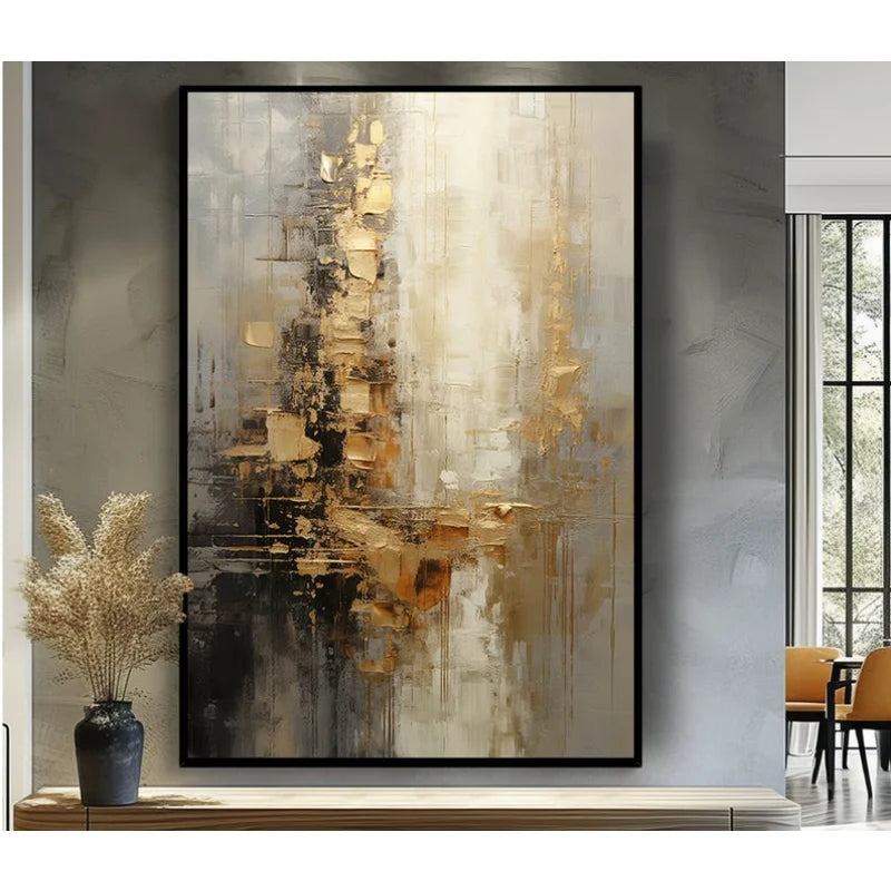 100% Hand Painted，Gold, Grey, Beige, Black ,Textured Painting, Acrylic Abstract Oil Painting, Wall Decor Living Room, Office Wal