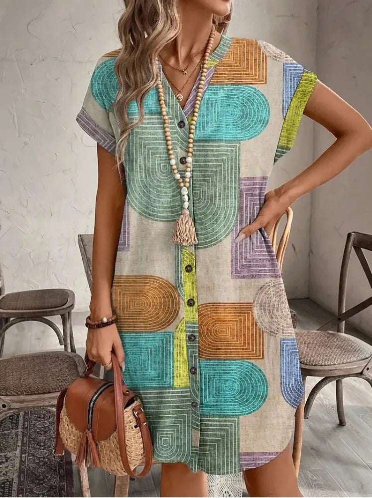 2025 European and American women's clothing foreign trade Amazon summer geometric printing elegant V-neck button up dress