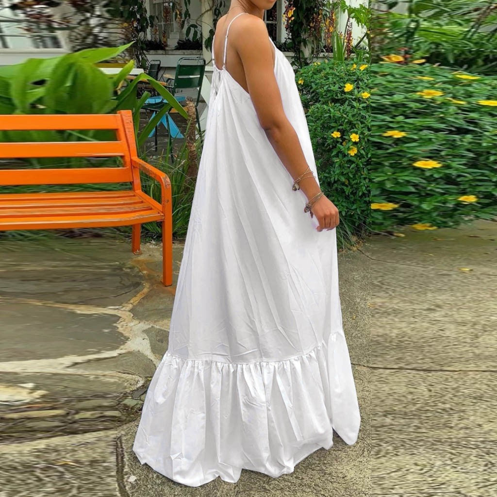 Spring Dress For Women Sexy Solid Strap Dress Pocket Loose Backless Big Swing Dresses Holiday Dresses For Women Wedding Guest