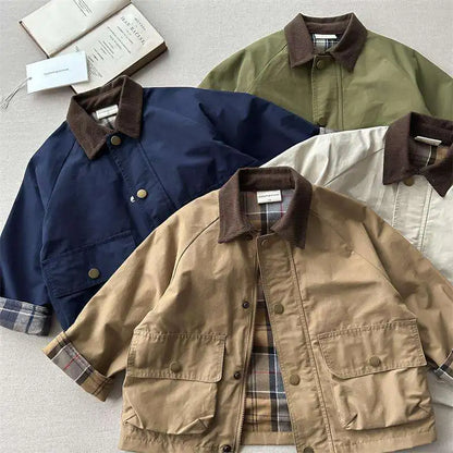 2025  Spring Autumn Kids Boys Jacket Plaid Spliced Pocket Long Sleeve Toddler Boys Outerwears Coat Children Boys Jacket