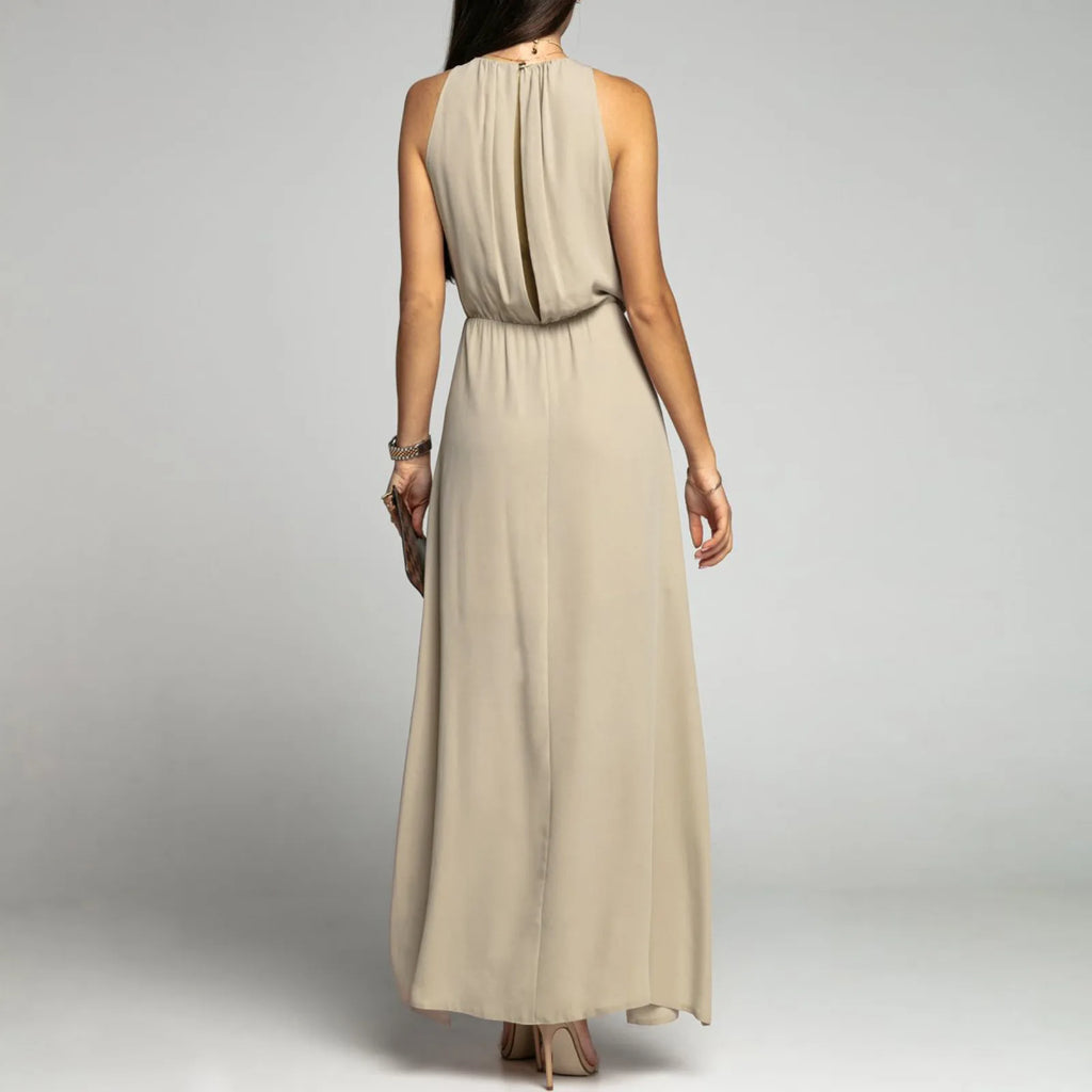 Women's Dressy Casual Long Dress Solid Color Sleeveless High Round Neck Side Slit Full-Length Dress Elegant Simple Party Dress