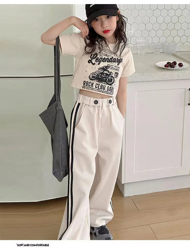 Girls' summer casual suit, new children's fashionable T-shirt, casual pants, summer dress, foreign short-sleeved two-piece set,