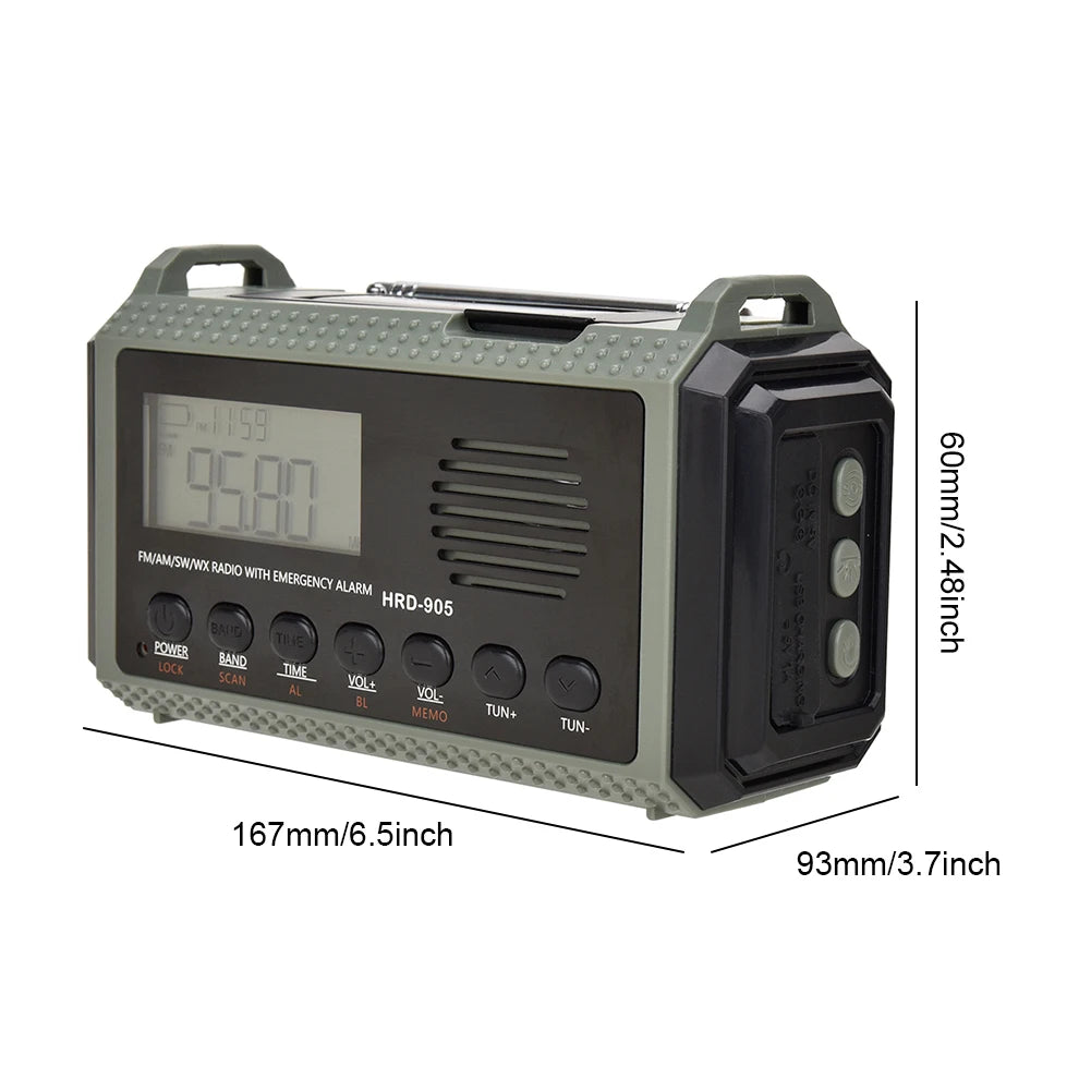 Small Rechargeable Portable Radio Solar Powered Emergency Power Bank survival with LED Flashlight USBC Charging Hand Crank Radio