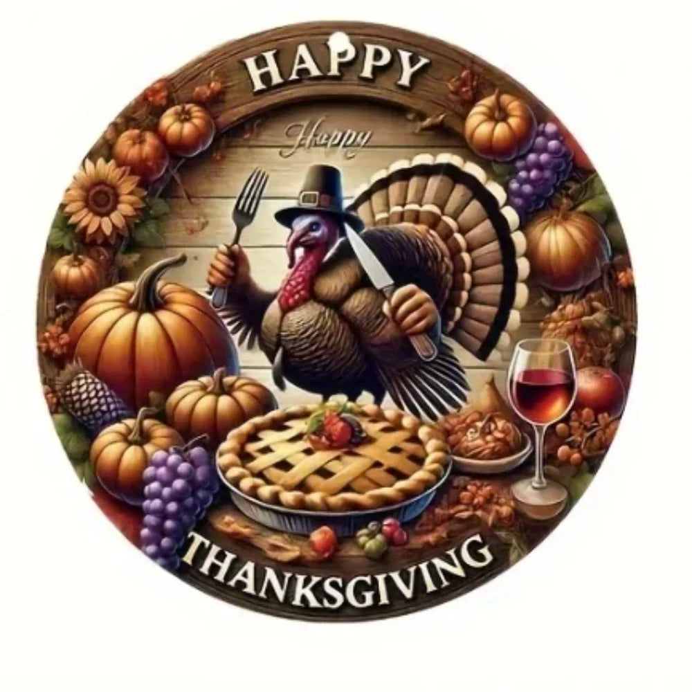 "'Happy Thanksgiving' – 1pc 2D Round Plaque | Embellished with Turkey & Autumn Harvest Motifs – Perfect for Holiday Decor"