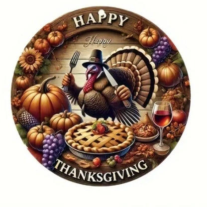 "'Happy Thanksgiving' – 1pc 2D Round Plaque | Embellished with Turkey & Autumn Harvest Motifs – Perfect for Holiday Decor"