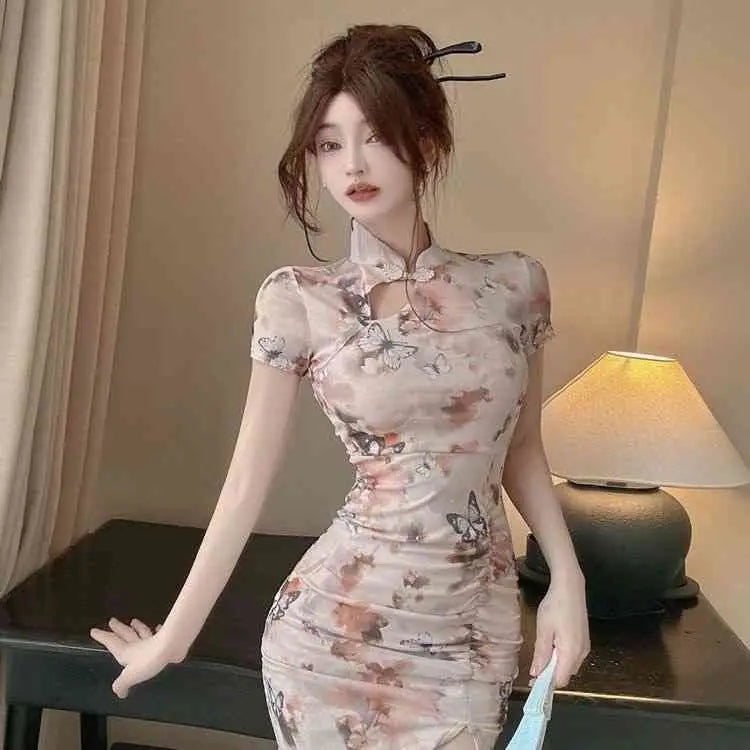 2025 Summer Women's Chinese-style Young Fashion Daily Slim-fit Lotus Leaf Edge Elegant Short-sleeved Cheongsam Dress
